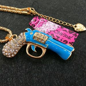 Super Sparkly Blue Rhinestone Pistol Necklace